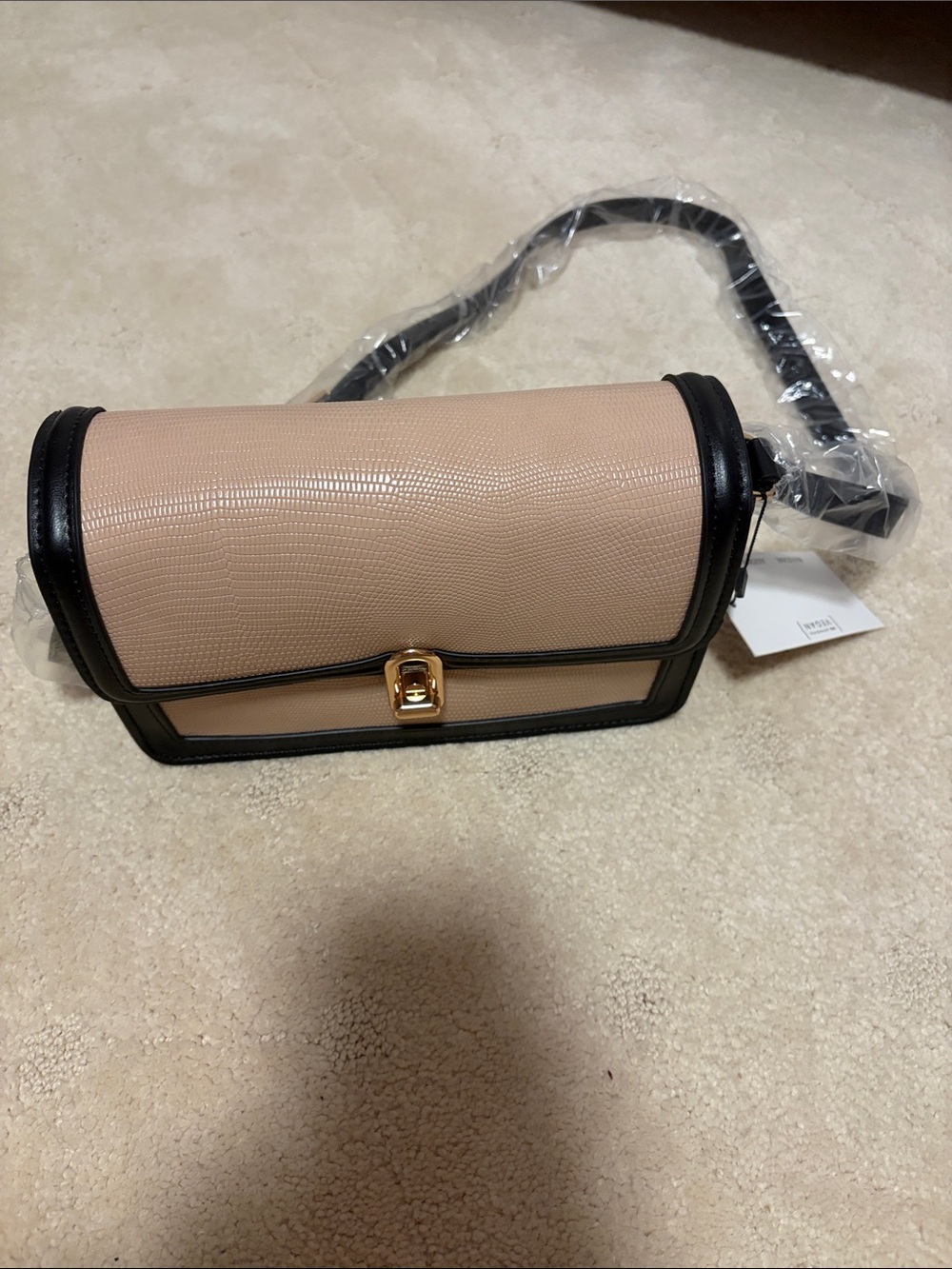 New Jules Kae Classic Two-Tone Beige and Black Crossbody Bag Gold Hardware